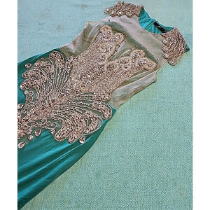 Alglist Emerald Green Rhinestone Dripping Evening Gown, SzL,READ